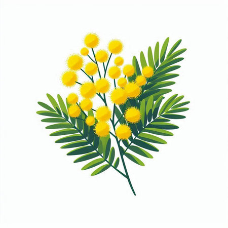 Mimosa branch with yellow flowers isolated on white background. Vector illustration.のイラスト素材