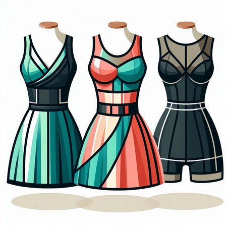 Women's evening dresses on a mannequin. Vector illustration.のイラスト素材