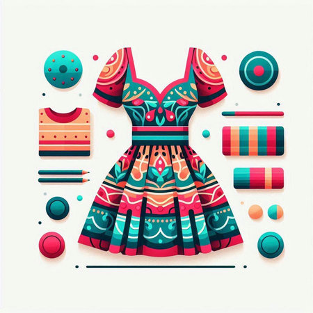Fashionable women's dress with geometric elements. Vector illustration.のイラスト素材