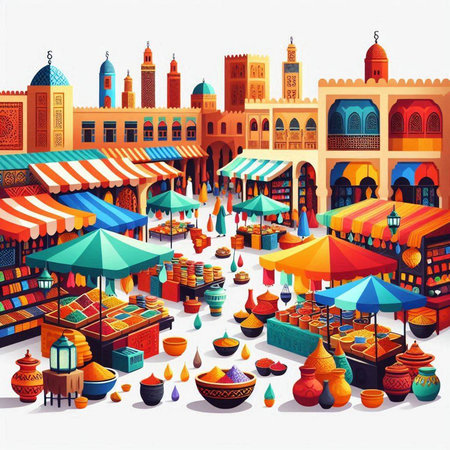 Colorful islamic market with different souk, vector illustrationのイラスト素材