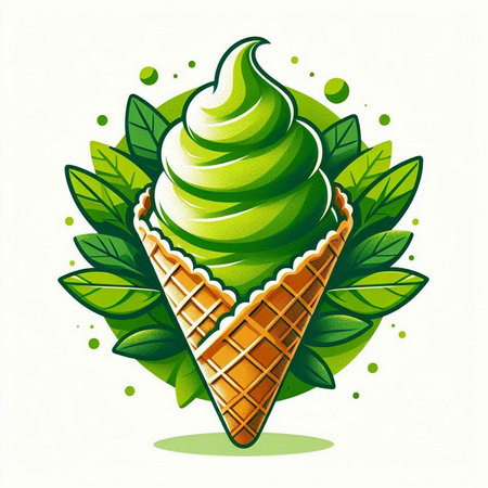 Green ice cream in waffle cone with leaves. Vector illustration.のイラスト素材