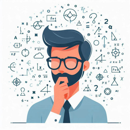 Vector illustration of businessman in glasses with hand on chin thinking about something.のイラスト素材