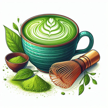 Green matcha latte with green tea leaves and whisk. Vector illustration.のイラスト素材