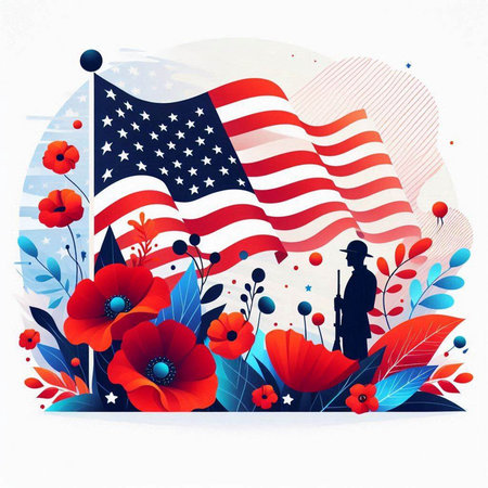 American Flag with Poppies and Flowers. Vector Illustration.のイラスト素材