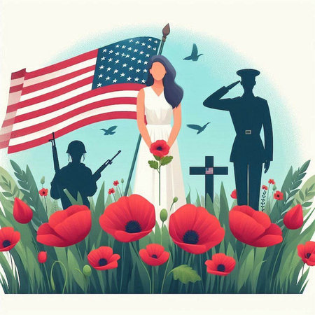 American flag, soldier and woman in poppy field. Vector illustration.のイラスト素材
