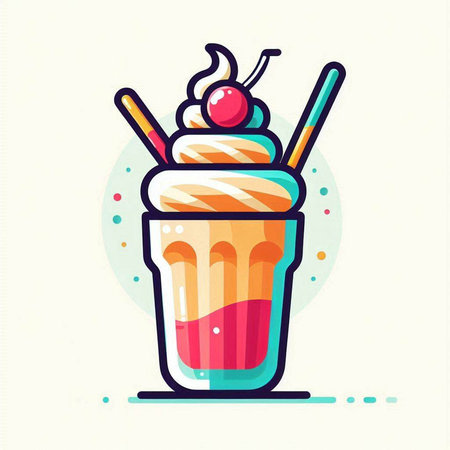 Milkshake with cherry, ice cream and straws. Vector illustration.のイラスト素材