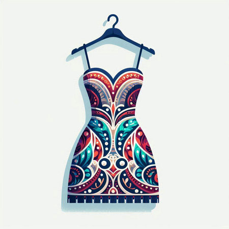 Dress with floral ornament on a hanger. Vector illustration.のイラスト素材