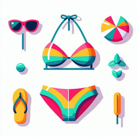 Set of colorful summer swimsuits and beach accessories. Vector illustration.のイラスト素材