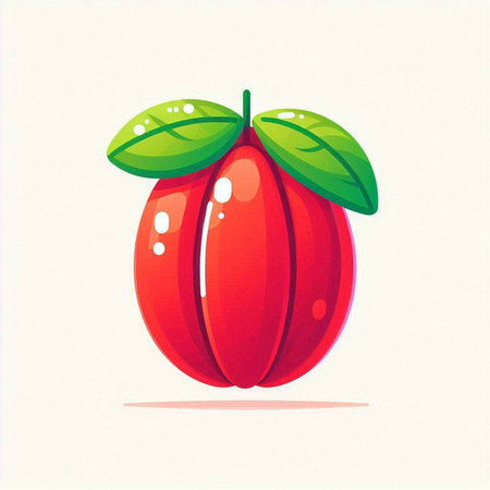 Illustration of a red cherry with green leaves on a white backgroundのイラスト素材