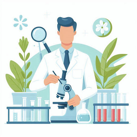 Scientist working with microscope in laboratory. Vector illustration in flat styleのイラスト素材