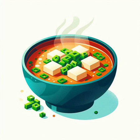 Illustration of soup with tofu in a bowl. Vector illustration.のイラスト素材