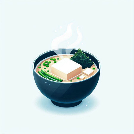 Illustration of a bowl of miso soup with tofu and vegetablesのイラスト素材