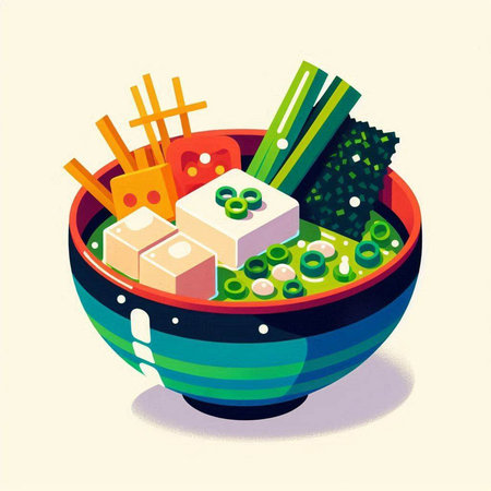Illustration of a bowl with tofu, vegetables and chopsticks.のイラスト素材