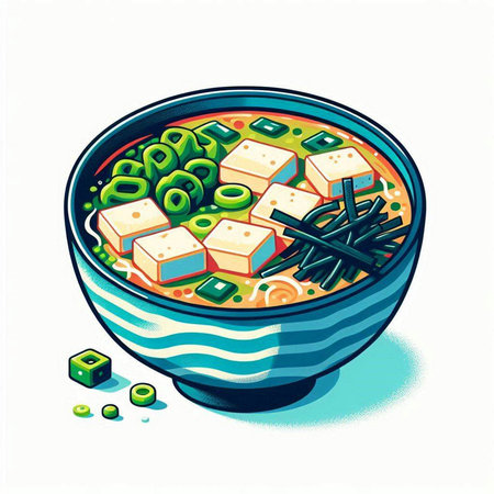 Japanese miso soup in a bowl on a white background, vector illustrationのイラスト素材