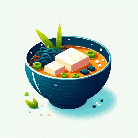 japanese noodle soup with tofu in bowl, vector illustrationのイラスト素材
