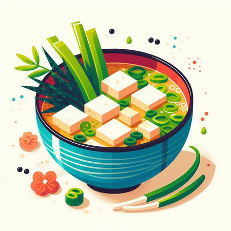 Japanese soup with tofu and vegetables in a bowl. Vector illustration.のイラスト素材
