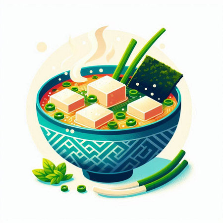 Japanese miso soup with tofu and green onion, vector illustration.のイラスト素材