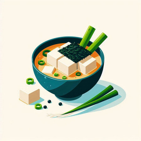 Japanese miso soup with tofu and green onions, vector illustration.のイラスト素材