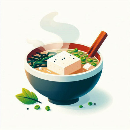 Illustration of a bowl of miso soup with tofu and herbsのイラスト素材