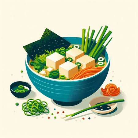 Japanese soup with tofu and vegetables in a bowl. Vector illustration.のイラスト素材