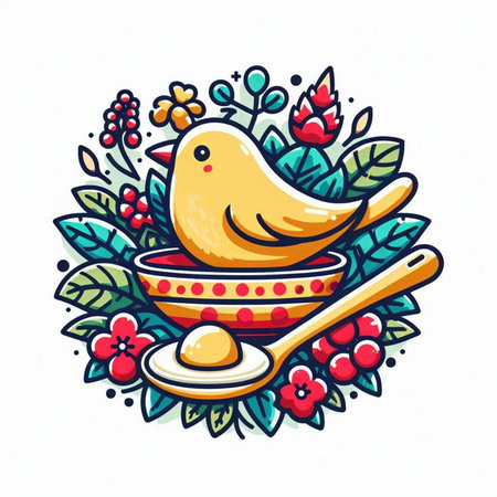 Cute bird in bowl with honey and spoon. Vector illustration.のイラスト素材