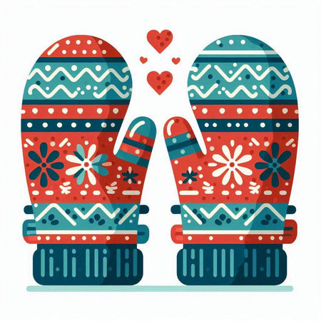 Winter mittens with snowflakes and hearts. Vector illustration.のイラスト素材
