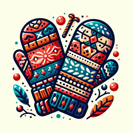 Vector illustration of Christmas mittens with snowflakes and berries.のイラスト素材