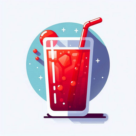 Vector illustration of a glass of red juice with a straw and ice cubes.のイラスト素材