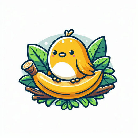 Cute yellow bird in the nest of banana. Vector illustration.のイラスト素材