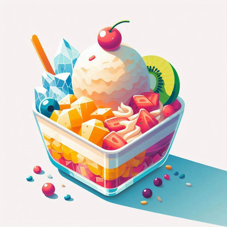Fruit salad in a glass bowl with ice cream. Vector illustration.のイラスト素材