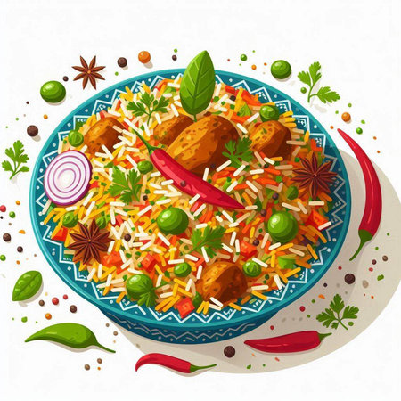Pilaf with chicken meat, rice, vegetables and spices. Vector illustration.のイラスト素材