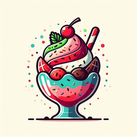 Vector illustration of ice cream in glass cup with berries and ice cream scoop.のイラスト素材