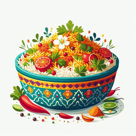 Illustration of a bowl of rice with vegetables, herbs and spicesのイラスト素材
