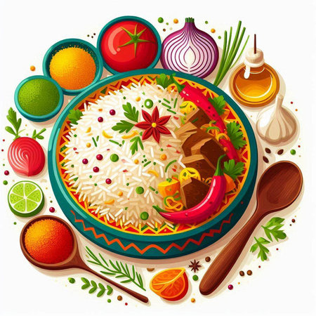 Illustration of a bowl of rice with vegetables and spices on a white backgroundのイラスト素材