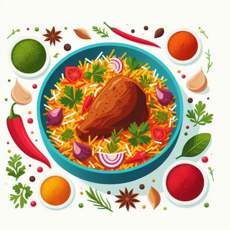 Pilaf with chicken meat and vegetables. Top view. Vector illustration.のイラスト素材