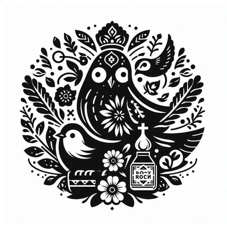 Black and white folk art illustration with birds and flowers. Vector illustration.のイラスト素材