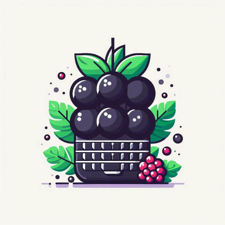 Grapes and berries in a basket. Vector illustration in flat style.のイラスト素材
