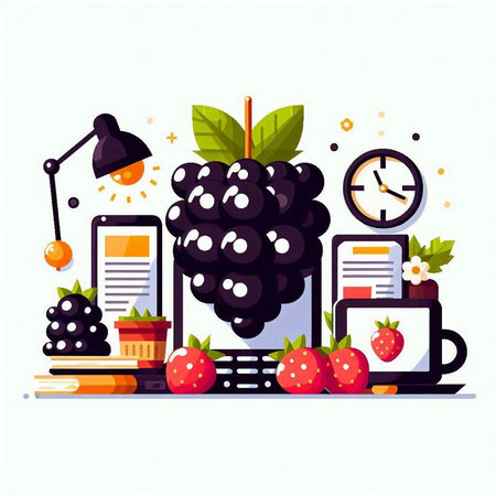 Fruit and berry breakfast concept. Modern flat design vector illustration.のイラスト素材