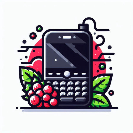 Mobile phone with berries and leaves. Vector illustration in flat style.のイラスト素材