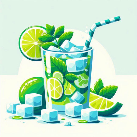 Mojito cocktail with lime, mint and ice cubes. Vector illustration.のイラスト素材