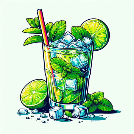 Mojito cocktail with lime, mint and ice. Vector illustration.のイラスト素材