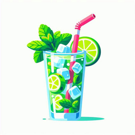 Mojito cocktail with lime, mint and ice. Vector illustrationのイラスト素材