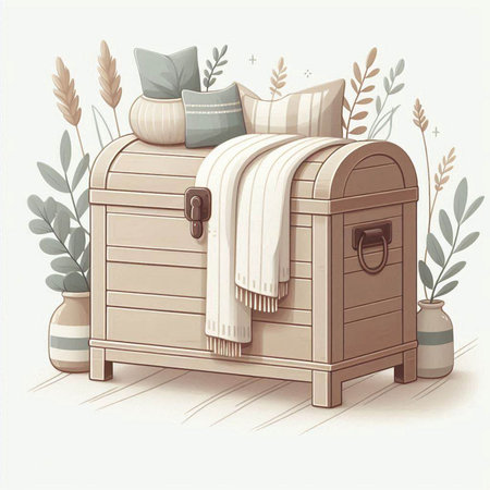 Wooden chest with pillows and bed linen. Vector illustration.のイラスト素材