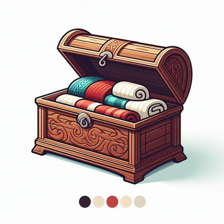 Treasure chest. Vector illustration of an open wooden chest with a set of towels.のイラスト素材