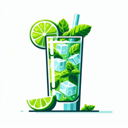 Mojito cocktail with lime, mint and ice. Vector illustration.のイラスト素材