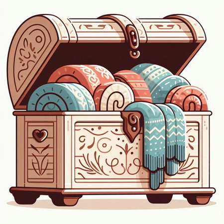 Vintage chest with pillows and plaid. Vector illustration.のイラスト素材