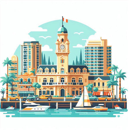 Cityscape with buildings, boats and yachts. Vector illustration.のイラスト素材