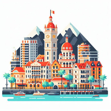 Cityscape with buildings and boats. Vector illustration in flat style.のイラスト素材