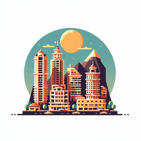 Vector illustration of modern city with skyscrapers in flat style.のイラスト素材