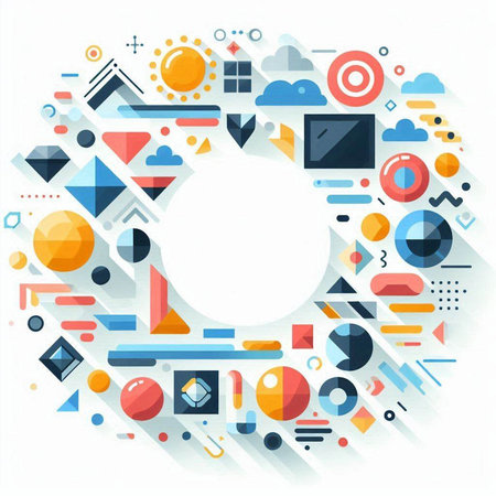 Abstract geometric background with circles, lines, rectangles and other elements.のイラスト素材